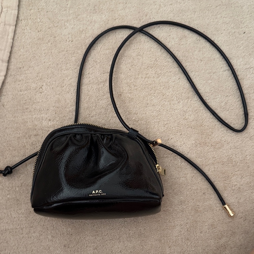 A.P.C. Ninon Black Patent Mini Crossbody Pouch with Gold Hardware